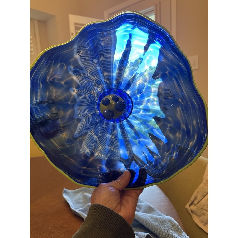 Hand Blown Art Glass Bowl Blue w Green Rim Prunt Center 12" Modern - Picture 5 of 10